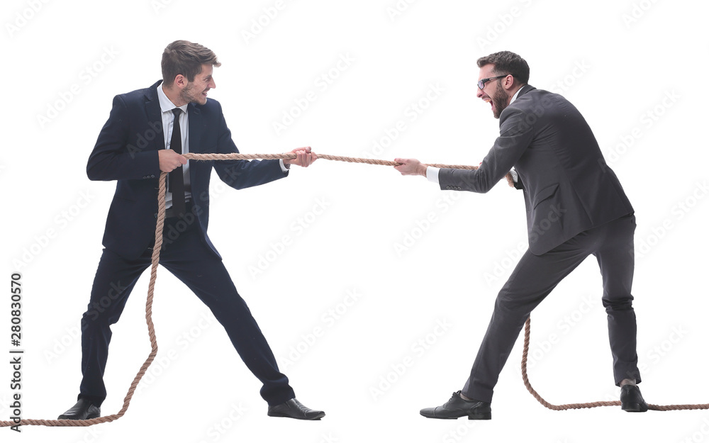 full length . two smiling businessmen pulling the rope. full length . two smiling businessmen pulling the rope.