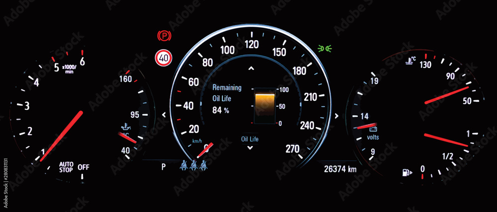 Illustration of remaining oil life display on car dashboard panel. Engine oil life monitor. Car instrument panel with speedometer, tachometer, odometer, car temperature,  car voltmeter and fuel gauge.