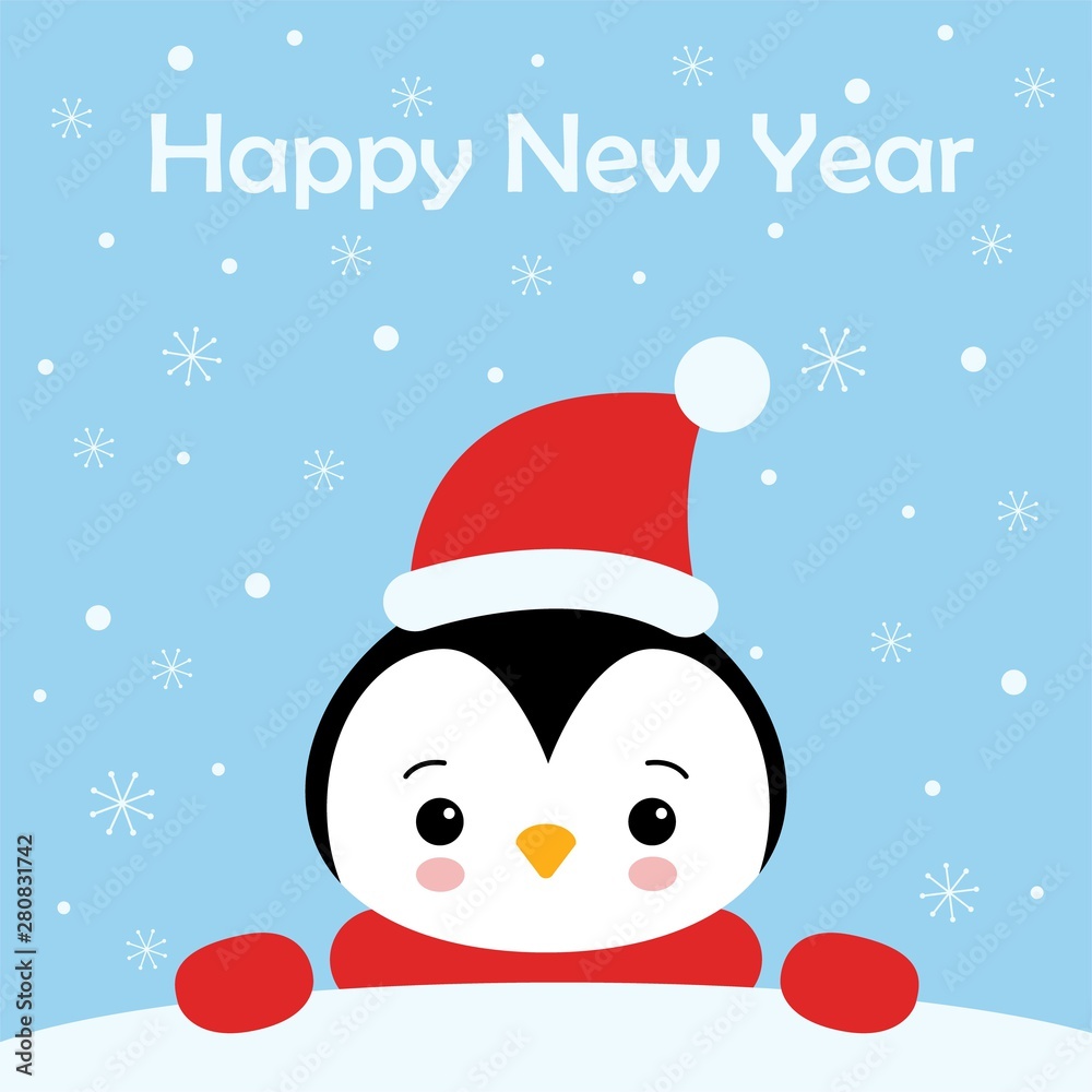 Christmas Cute Little Penguin with Santa s Cap. Christmas cute animal cartoon character. Greeting card