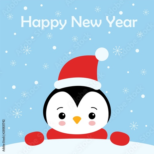 Christmas Cute Little Penguin with Santa s Cap. Christmas cute animal cartoon character. Greeting card © YuliaR