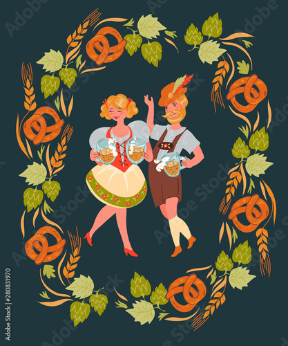 People in German costume with Oktoberfest beer mugs flat vector illustration.
