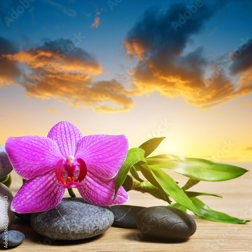 Zen pebbles with bamboo leaves and orchid flower on table  in the background sunset sky.. Spa and healthcare concept.