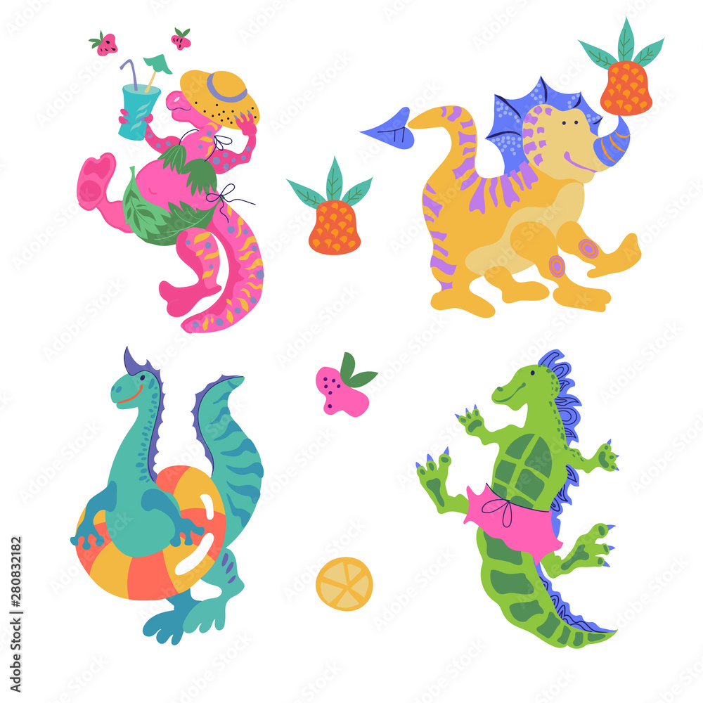 Plakat Zestaw kreskówka kolorowe dinozaury, małe śmieszne potwory wektor ilustracja na białym tle. Prehistoryczne zwierzęta do wydruków tekstylnych i artykułów dziecięcych.