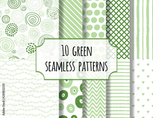 Vector set of cute green hand drawn pastel background patterns.