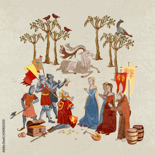 Medieval scene. King queen pray, miracle phenomenon. Priests and soldiers. Middle Ages legends, parchment concept. Fairy tale art. Ancient book vector illustration