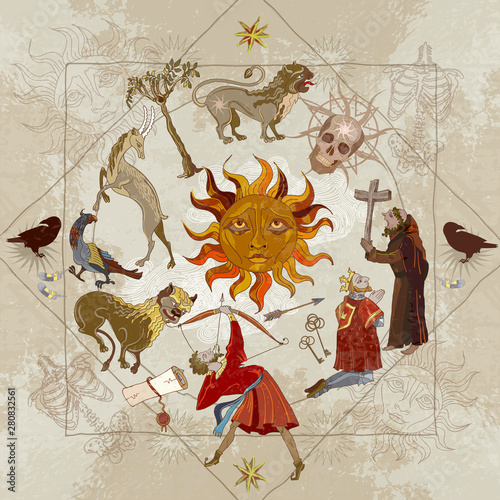 Medieval alchemy. Eclipse. Mystic astrology symbols. Esoteric magic manuscript. Middle Ages occult parchment. Sacred geometry art. Ancient book vector illustration