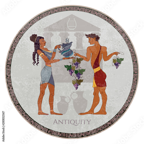 Minoan civilization frescos. Goddess and slave. Ancient Greece art. Crete and Heraklion scene. Knossos murals mythology