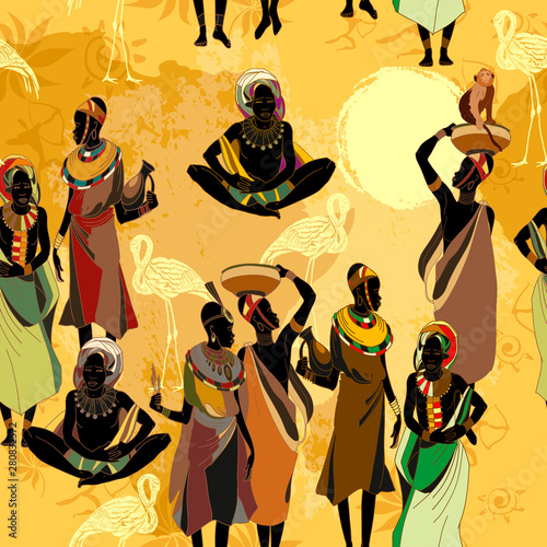 African women silhouettes in national clothes seamless pattern. Beautiful black females. People of South Africa, vector illustration