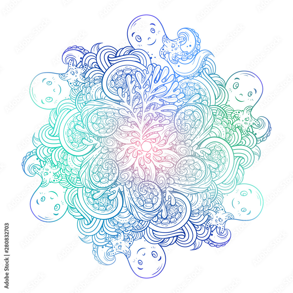 Plakat Vector sea creatures colorful doodle background. Underwater world mandala motif.
