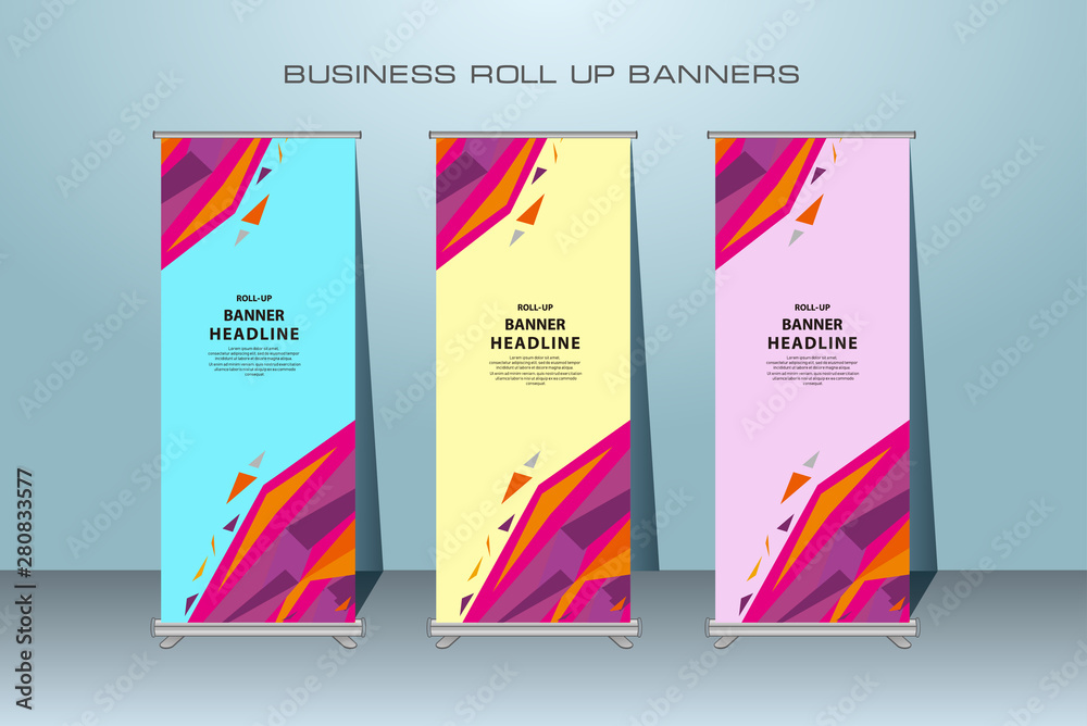 Creative roll up banner stand template design. Vertical banner template.  Universal standing banner for conference, promotion banner vector background.  Modern publication x-banner and flag-banner.