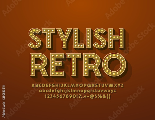 Vector Stylish Retro Golden Alphabet. 3D lamp Font. Light bulb vintage Letters, Numbers and Symbols