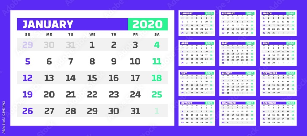 Calendar for 2020 year in clean minimal table simple style. Week Starts on Sunday. Set of 12 Months. Calendar for 2020 year in clean minimal table simple style. Week Starts on Sunday. Set of 12 Months.