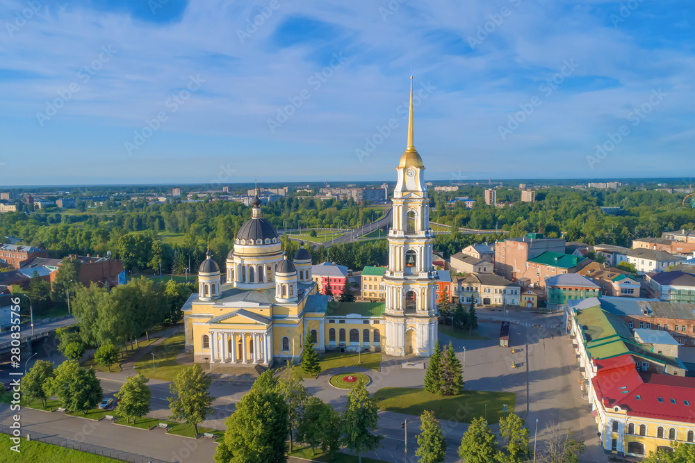 View of the Holy Transfiguration Cathedral on a sunny July morning (aerial photography). Rybinsk, Russia