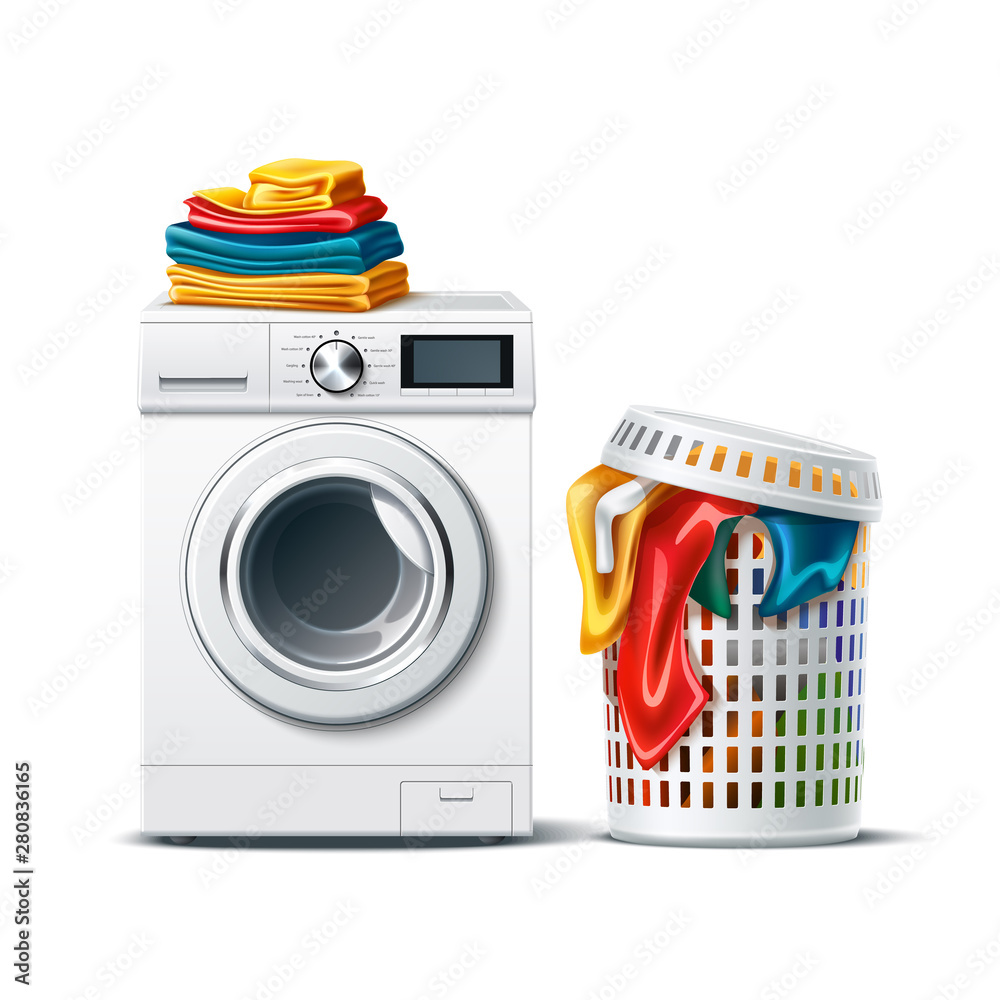 Realistic washing machine with fresh clean folded clothing and laundry basket with dirty cloth. Modern laundromat, 3d laundry, washing appliance for household chores. Vector bathroom equipment - obrazy, fototapety, plakaty 