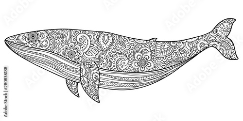Whale is a marine mammal made a floral pattern with Oriental ornaments. Hand drawn decorative animal in Doodle style. Stylized decoration of mehndi for tattoos, stamps, covers, books and coloring.