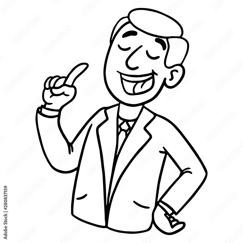 Businessman knowingly raising his finger and explaining something. Character, scribble, outline, comic, ink, sketch, doodle, vector, illustration, line, cartoon, black, white, drawing, stroke, monochr Businessman knowingly raising his finger and explaining something. Character, scribble, outline, comic, ink, sketch, doodle, vector, illustration, line, cartoon, black, white, drawing, stroke, monochr