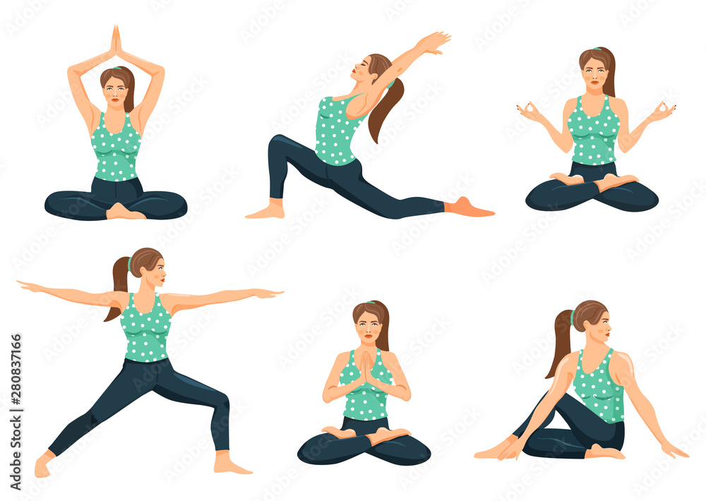 Young woman practicing yoga. Set of cute girls doing various yoga