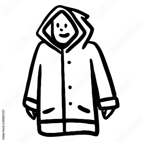 Laughing child with rain jacket. Character, scribble, outline, comic, ink, sketch, doodle, vector, illustration, line, cartoon, black, white, drawing, stroke, monochrome.