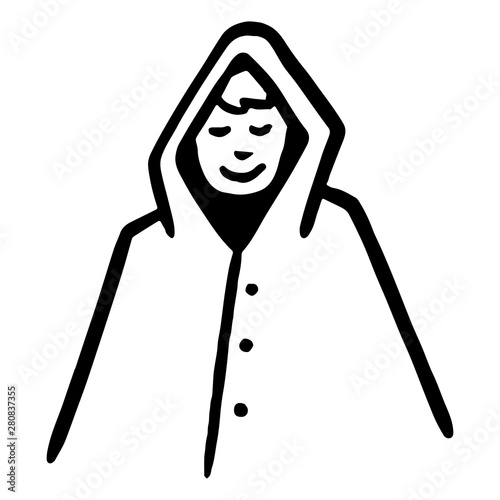 Laughing child with rain poncho. Character, scribble, outline, comic, ink, sketch, doodle, vector, illustration, line, cartoon, black, white, drawing, stroke, monochrome.