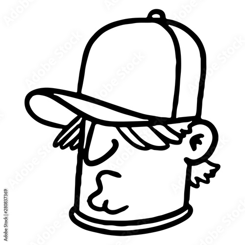 Face of an annoyed teenager with a cap over his eyes and shaggy hair. Character, scribble, outline, comic, ink, sketch, doodle, vector, illustration, line, cartoon, black, white, drawing, stroke, mono