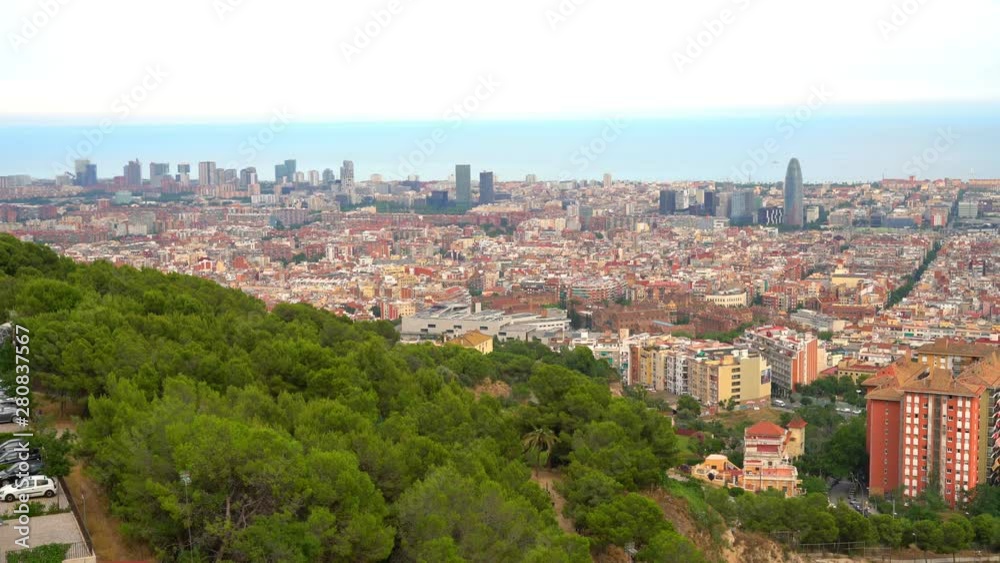 panoramic view of Barcelona from the mountain. View of city center and sea