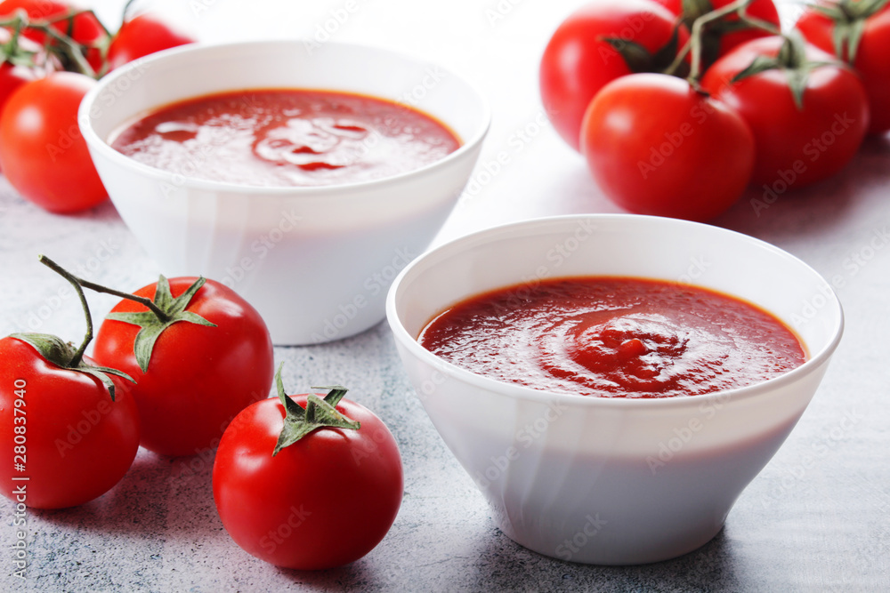 Two plates with gazpacho - traditional Spanish tomato soup