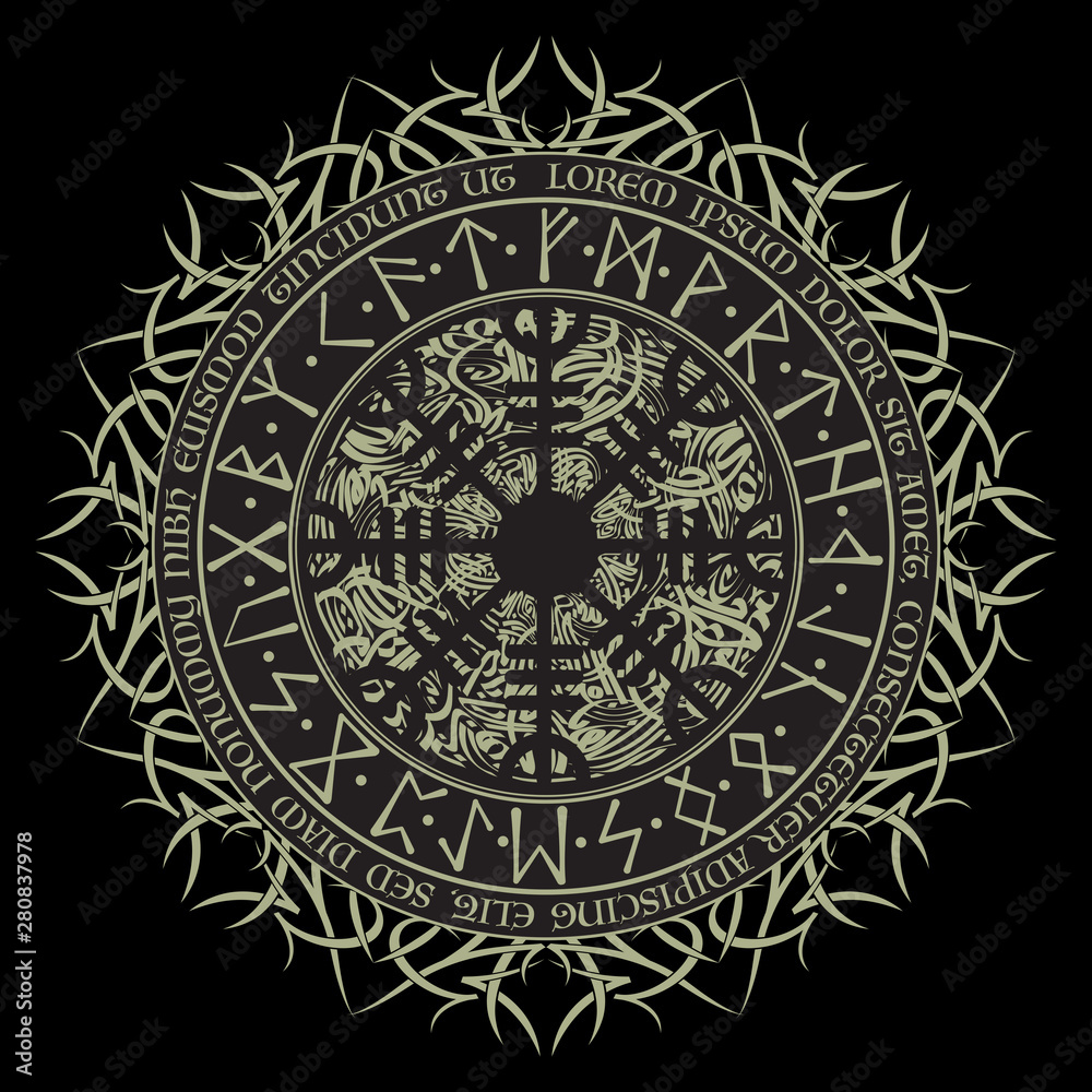 Old circle scandinavian runic grunge symbol isolated on black background