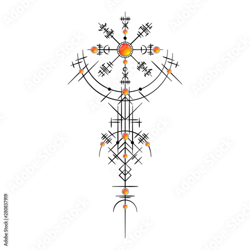 Black abstract viking magic symbol with orange gems isolated on white background
