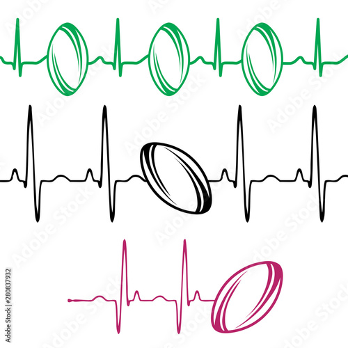 Set of different pulse lines witth american football isolated on white background