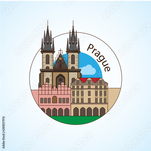 Prague detailed silhouette. Trendy stylish colorful landmarks.
