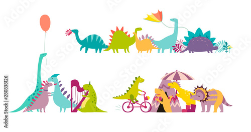 Dinosaurus party doodle hand drawn vector illustration set. Cute dinos illustrations collection. Happy T-rex character cartoon card isolated on white backgroundet