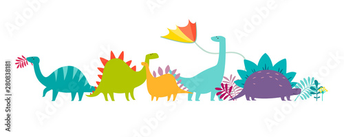 Dinosaurus party doodle hand drawn vector illustration. Cute dinos illustrations set. Happy T-rex character cartoon card isolated on white background