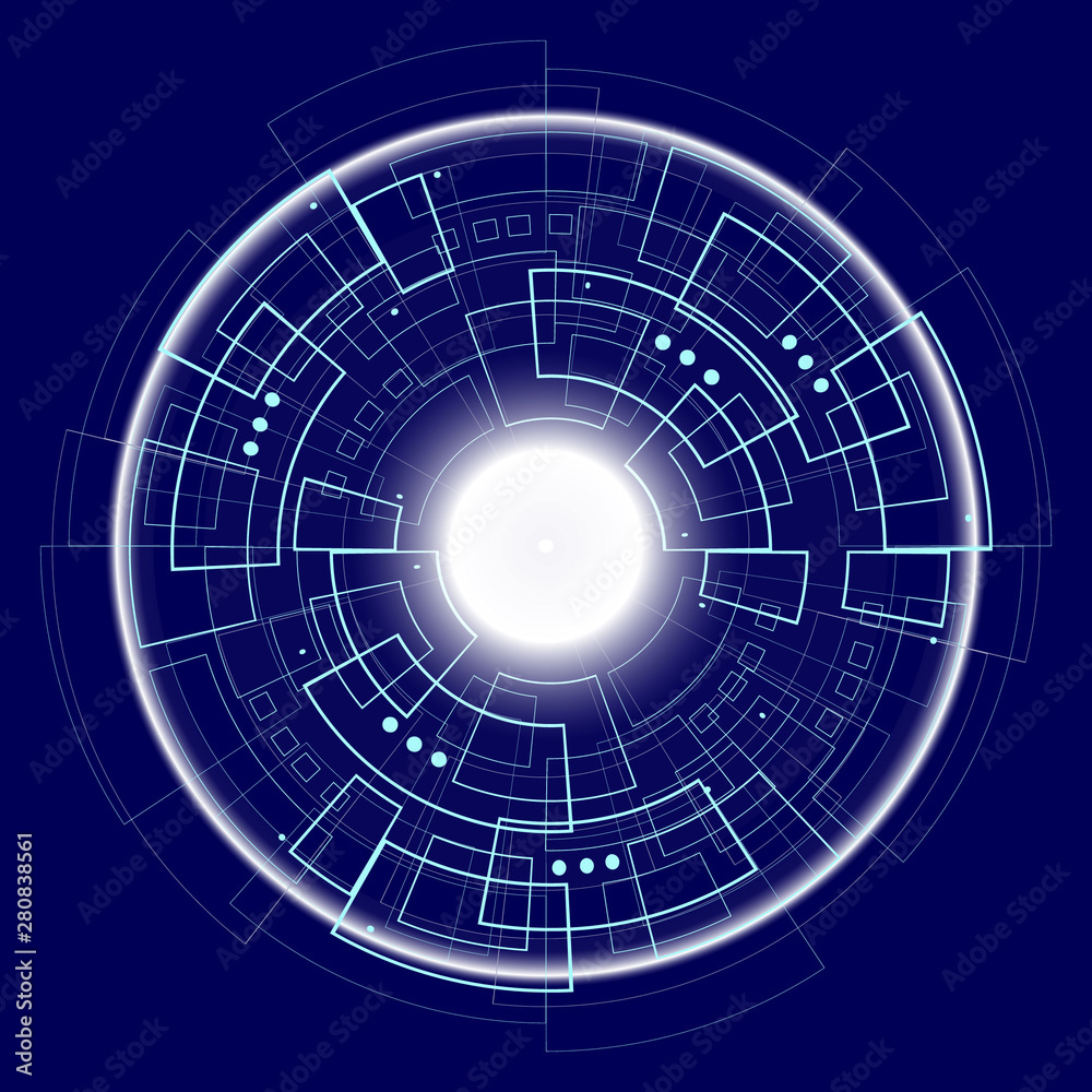 Obraz premium Futuristic circle on dark blue background and illuminated centre, digital concept