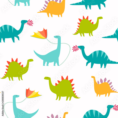 Dinosaur seamless pattern vector illustration. Cute T-rex cartoon style. Dino colorful character background