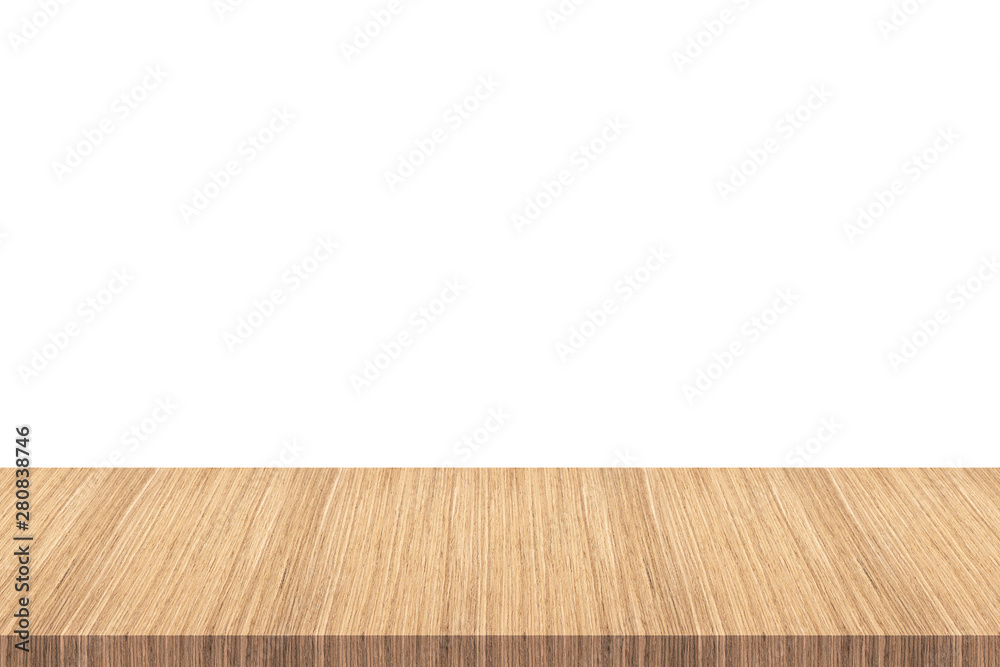 Empty wooden table top isolated on white background - can be used for display or montage your products.