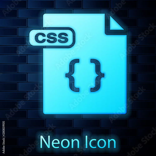 Glowing neon CSS file document. Download css button icon isolated on brick wall background. CSS file symbol. Vector Illustration