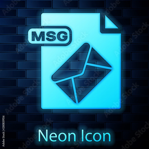 Glowing neon MSG file document. Download msg button icon isolated on brick wall background. MSG file symbol. Vector Illustration
