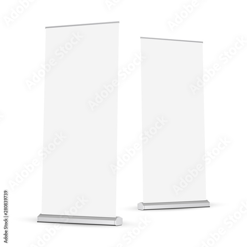 Two roll-up banners mockups isolated on white background. Vector illustration