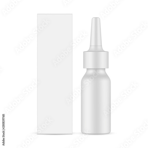 Nasal spray bottle with packaging box mockup isolated on white background. Vector illustration