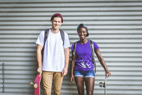 Skaters training in a skate park in New York