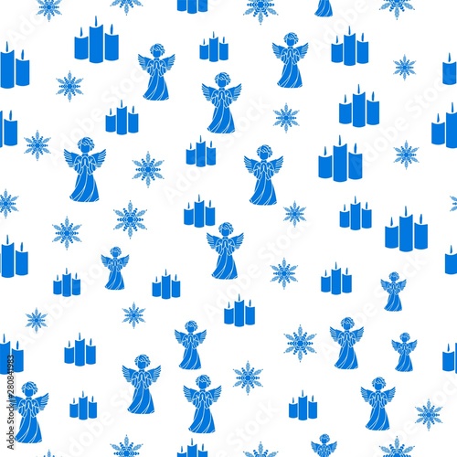 Merry Christmas Blue elements on white background. Seamless graphic pattern made with elements of zentangl and doodle. Wrapping paper illustration