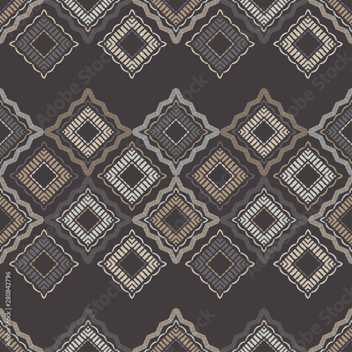 Ethnic boho seamless pattern. Lace. Embroidery on fabric. Patchwork texture. Weaving. Traditional ornament. Tribal pattern. Folk motif. Can be used for wallpaper, textile, wrapping, web.