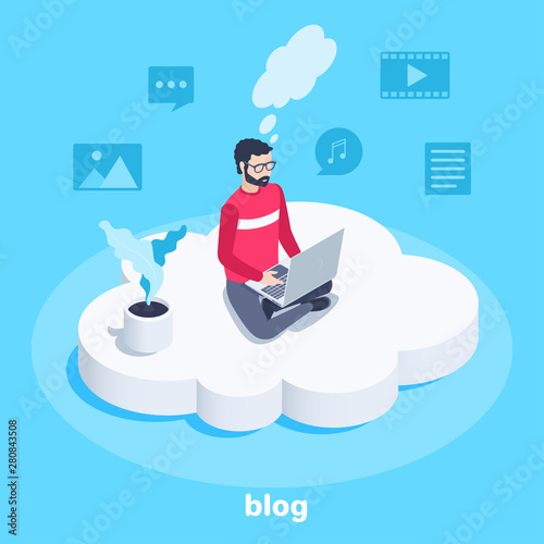 isometric vector image on a blue background, a man in glasses sitting on a cloud with a laptop, the work of a freelance blogger