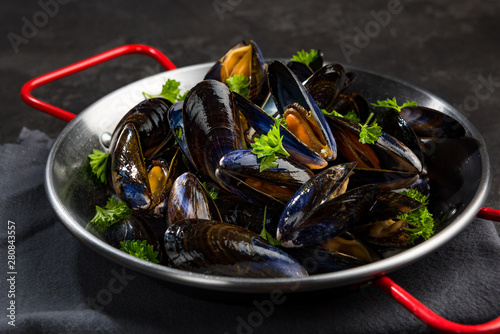 Close View on Mussels in Saucepan, Seafood Healthy Dish
