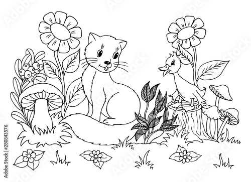 Vector illustration zentangl. The kitten plays with the duckling in the meadow. Coloring book. Antistress for adults and children. The work was done in manual mode. Black and white.