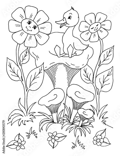 Vector illustration zentangl. The duckling settled on the mushroom among the daisies. Coloring book. Antistress for adults and children. Black and white.
