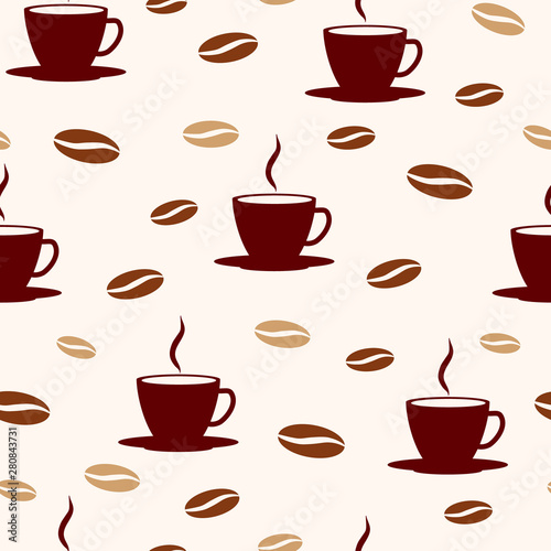 Vector illustration. Seamless pattern on a light background  set of hot cups of coffee and grains.