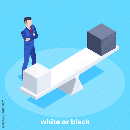 isometric vector image on a blue background, a man in a business suit faces a choice, a white and black cube stand on the scales, a dilemma facing a man