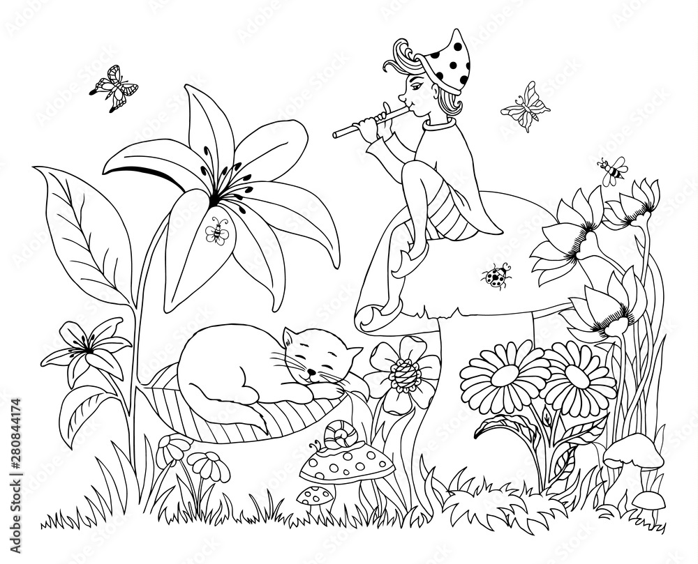 Fototapeta premium Vector illustration zentangl. A boy sitting on a mushroom plays a lullaby. Coloring book. Antistress for adults and children. Black and white.