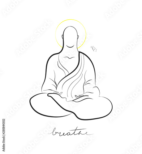 vector minimal illustration of a monk sitting in yoga pose, decorated with yellow nimbus and augmented with Breathe sign.
